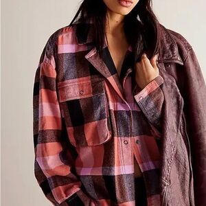 We The Free Plaid Izzie Cargo Jacket, Pink Flannel Button Down Coat Cotton, M